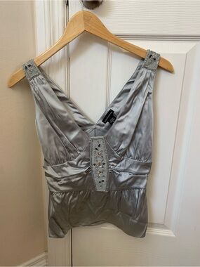 Moda International Silver Beaded Silk Dress Strap Top